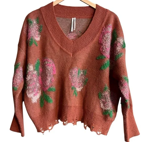 Anthropology Drop Shoulder V-Neck Sweater, Pink Combo - XS - Picture 3 of 5